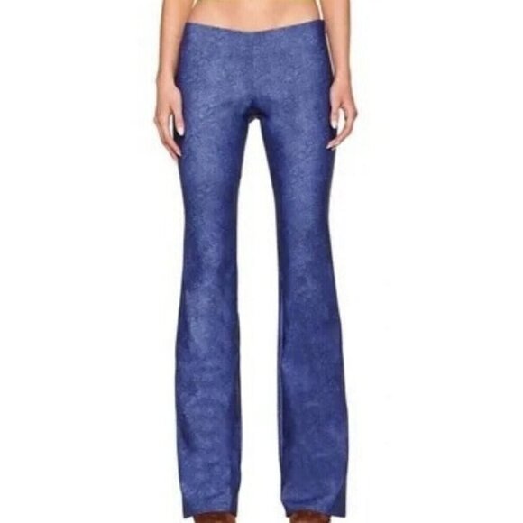 New L.AM.GIA Washed Navy Blue Faux Vegan Leather Stretch Flared Leg Pants - Picture 2 of 10